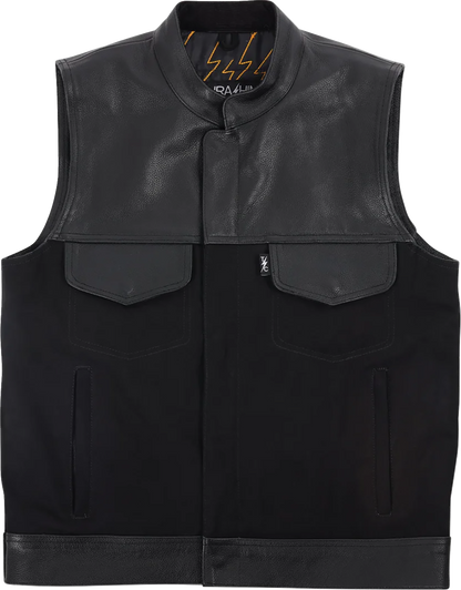 Black Kanan leather and denim riding vest by THRASHIN SUPPLY CO. in small size, featuring a stylish, durable design.