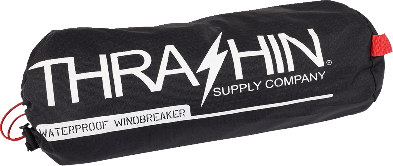 Black THRASHIN SUPPLY CO. Mission WP Rain Jacket in medium, shown with hood and waterproof fabric for outdoor protection.