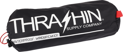 Black THRASHIN SUPPLY CO. Mission WP Rain Jacket in medium, shown with hood and waterproof fabric for outdoor protection.