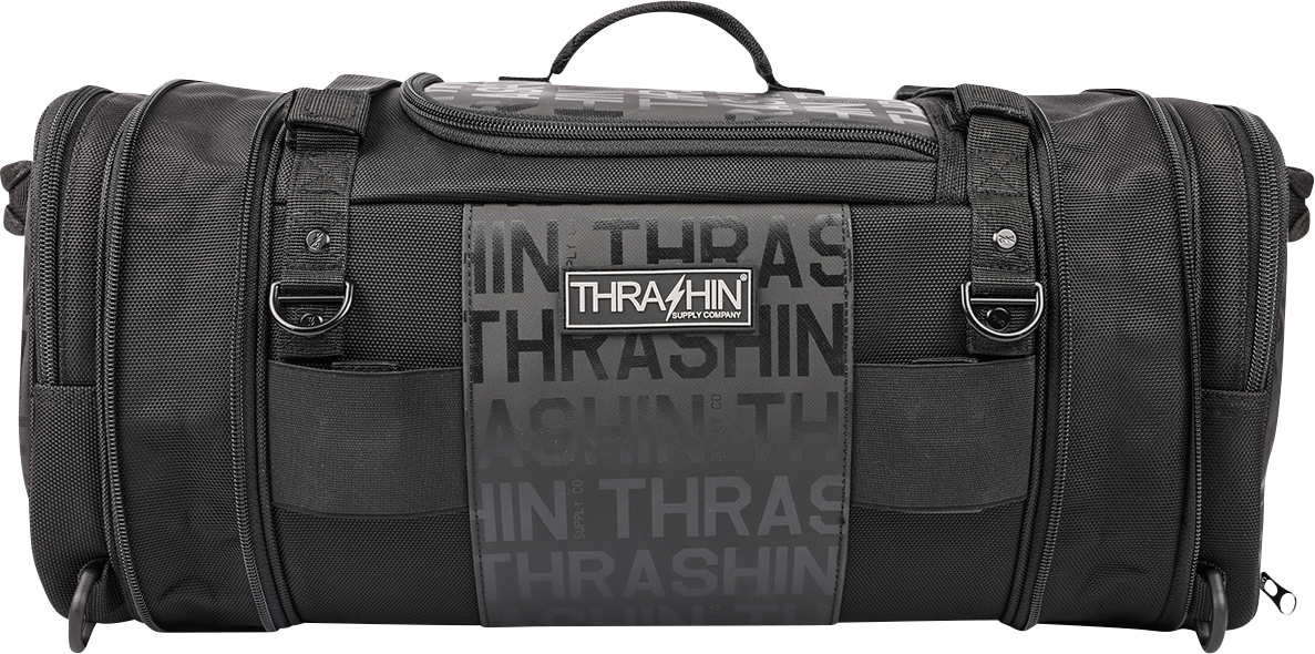 THRASHIN SUPPLY CO. Motorcycle passenger bag with 32L capacity, versatile mounting options, and durable design for riders.