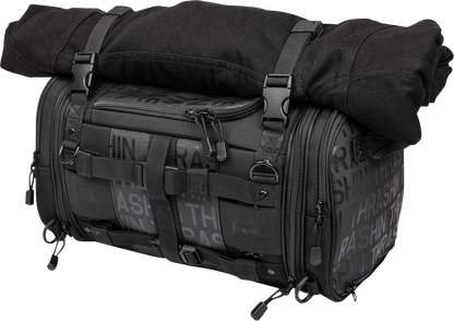 THRASHIN SUPPLY CO. motorcycle passenger bag with 32L capacity, versatile mounting options, black durable material, and reflective accents.