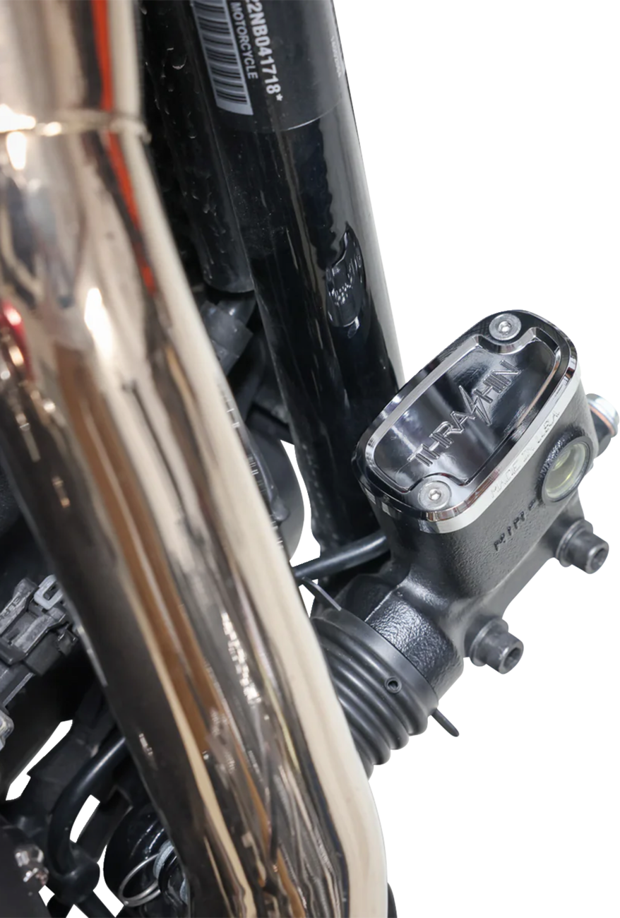 Rear chrome brake reservoir cap by THRASHIN SUPPLY CO. for 2018+ Harley Softail motorcycle, part TSC-3177-3.