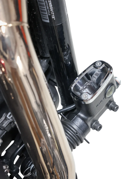Rear chrome brake reservoir cap by THRASHIN SUPPLY CO. for 2018+ Harley Softail motorcycle, part TSC-3177-3.