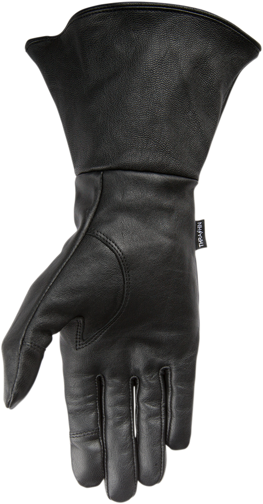 Black THRASHIN SUPPLY CO. Siege insulated gauntlet gloves in large size, showing durable leather and insulated lining for cold protection.