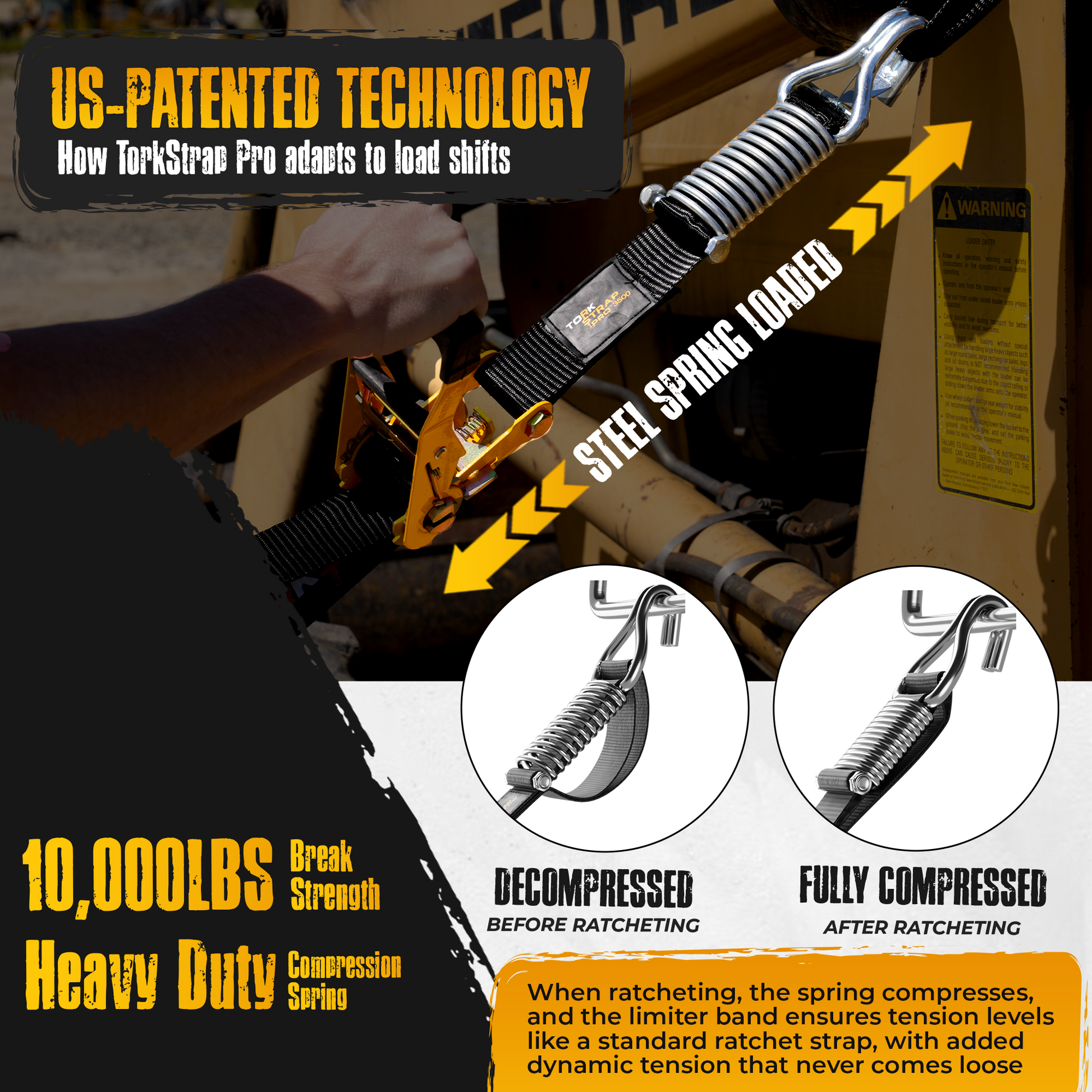 TorkStrap PRO | 25' x 2'' Self Tensioning Ratchet Straps (10,000LB Break Strength) - Adjusts to Load Shifts - Spring Loaded Heavy Duty Ratchet Straps w/ Soft Loops - UTV, Cargo, ATV, Truck - Howling Moto