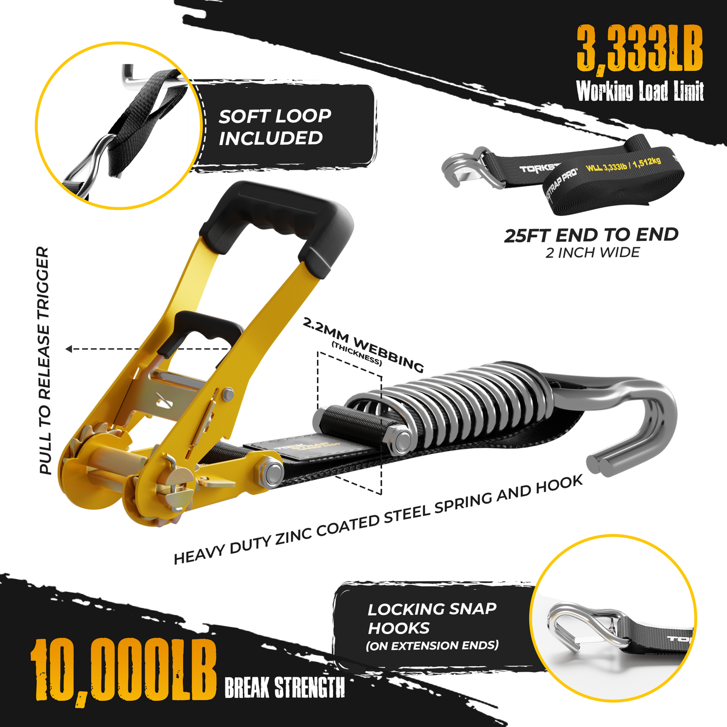 TorkStrap PRO | 25' x 2'' Self Tensioning Ratchet Straps (10,000LB Break Strength) - Adjusts to Load Shifts - Spring Loaded Heavy Duty Ratchet Straps w/ Soft Loops - UTV, Cargo, ATV, Truck - Howling Moto