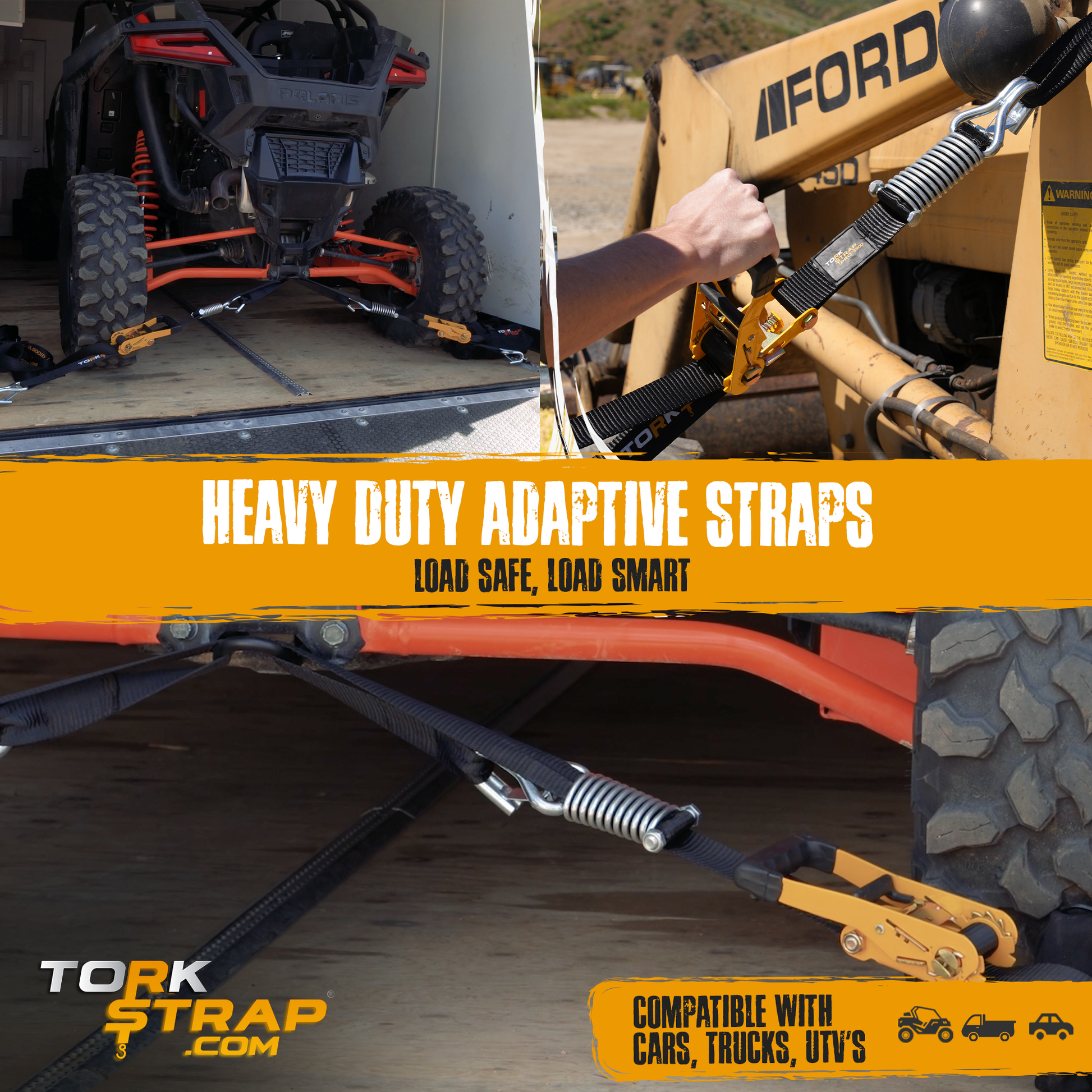 TorkStrap PRO | 25' x 2'' Self Tensioning Ratchet Straps (10,000LB Break Strength) - Adjusts to Load Shifts - Spring Loaded Heavy Duty Ratchet Straps w/ Soft Loops - UTV, Cargo, ATV, Truck - Howling Moto