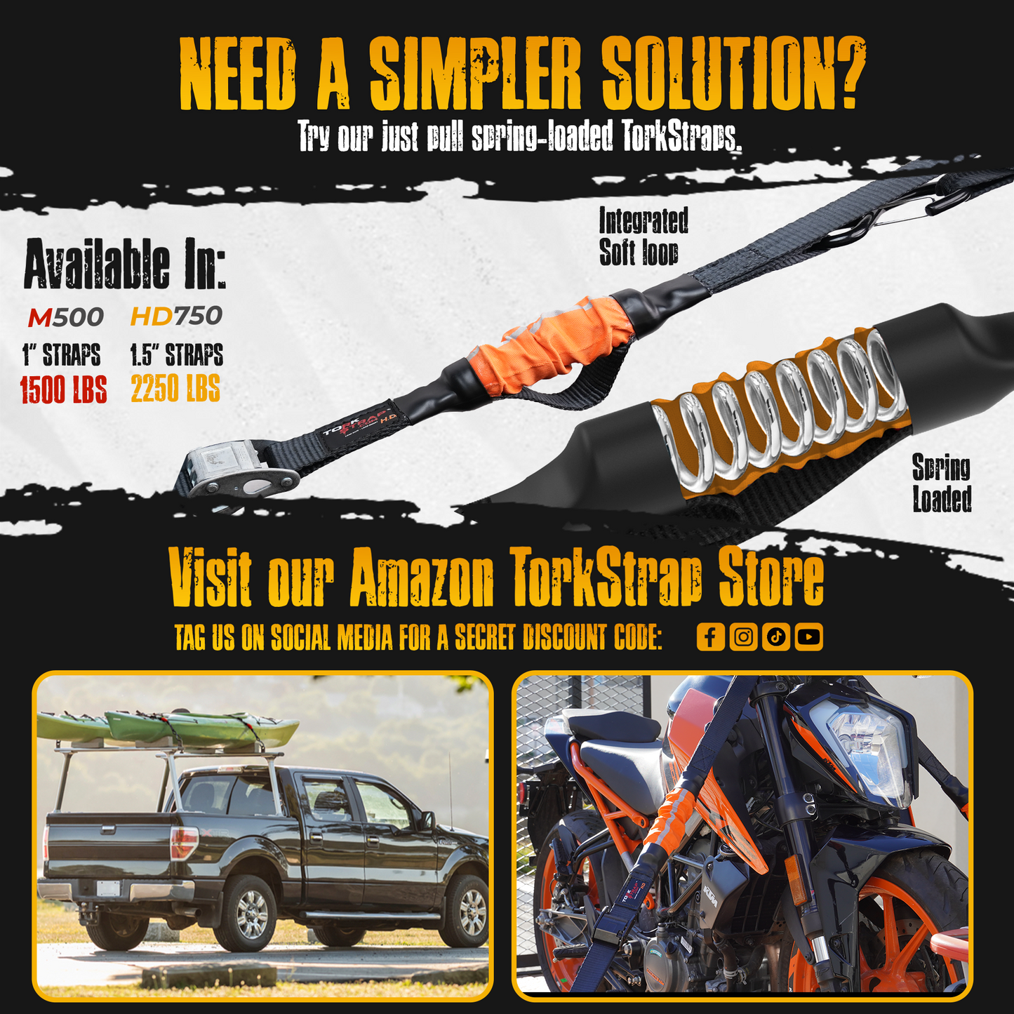 TorkStrap PRO | 25' x 2'' Self Tensioning Ratchet Straps (10,000LB Break Strength) - Adjusts to Load Shifts - Spring Loaded Heavy Duty Ratchet Straps w/ Soft Loops - UTV, Cargo, ATV, Truck - Howling Moto