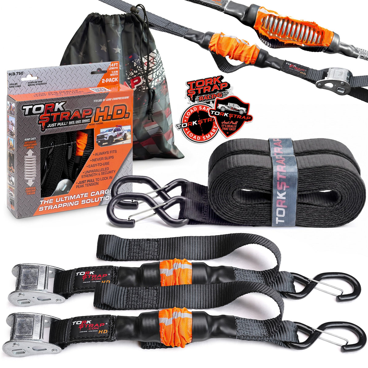 TorkStrap HD750 heavy-duty cargo tie-down straps, 1.5 inches by 14 feet with spring-loaded buckle for secure load fastening.