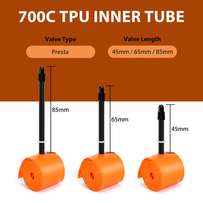 Hycline TPU road bike tube for 700C wheels, compatible with 18C-32C tires, shown in the image.