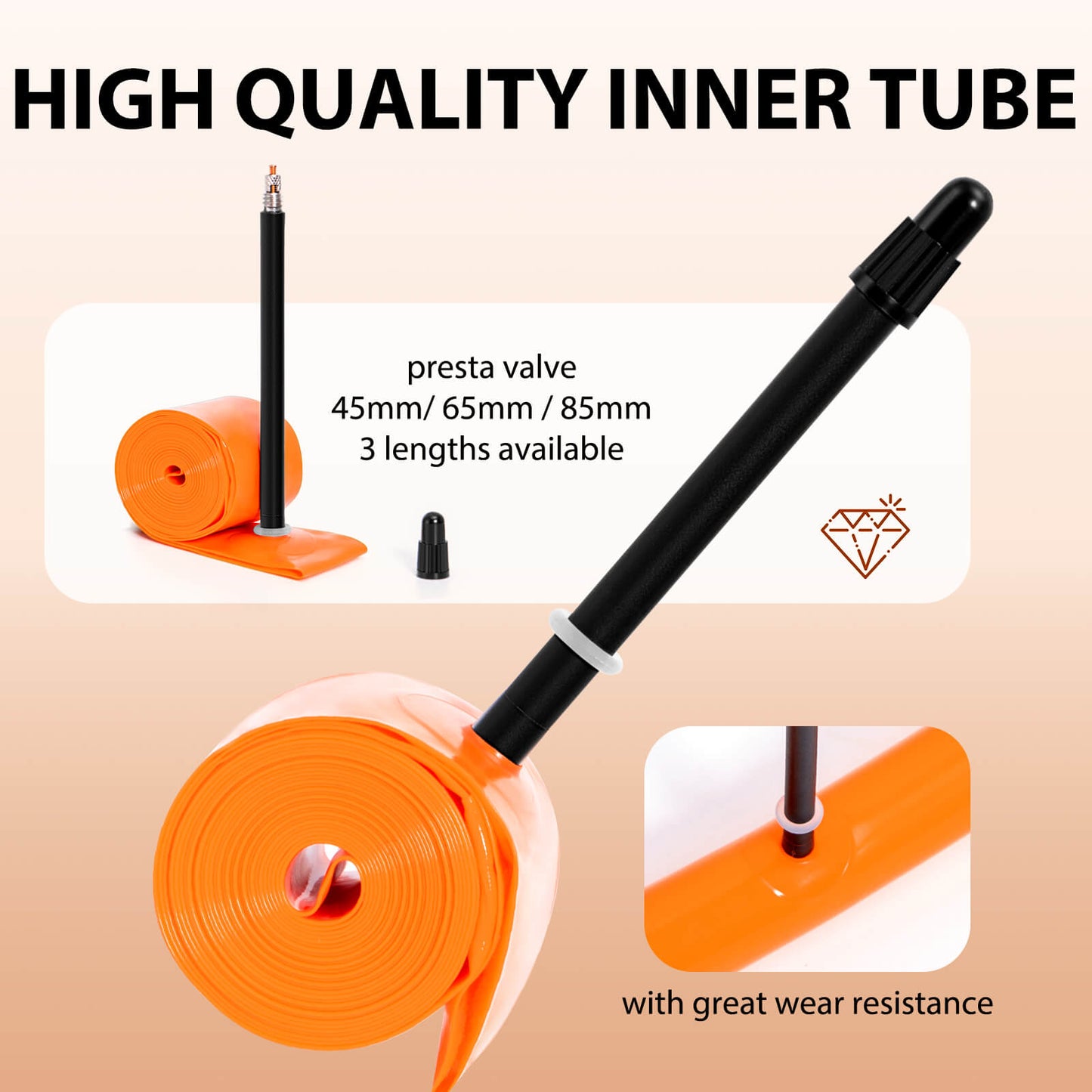 Hycline TPU road bike tube for 700C tires, sizes 18C to 32C, shown in the image with the tube ready for installation.