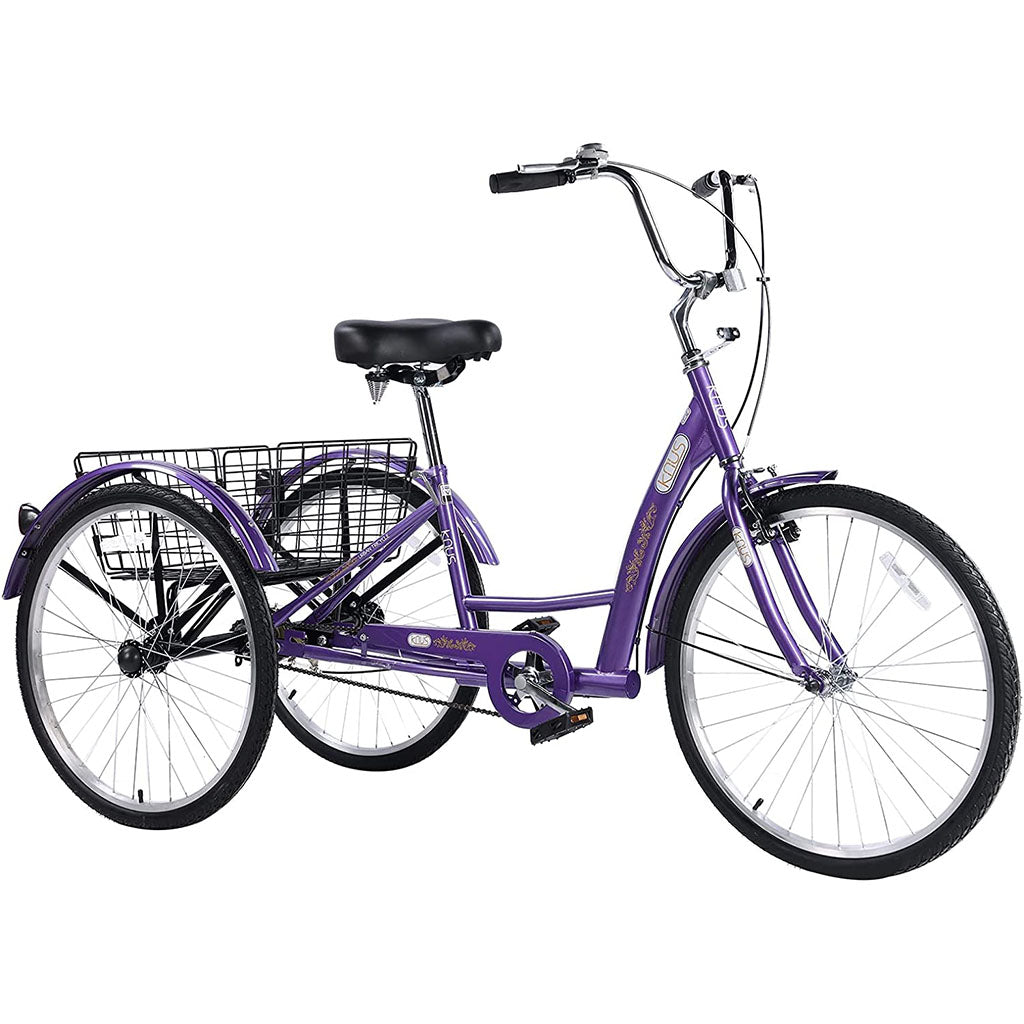 Purple Hycline Knus KT03 26-inch adult tricycle with three wheels, comfortable seat, and sturdy frame for easy riding.
