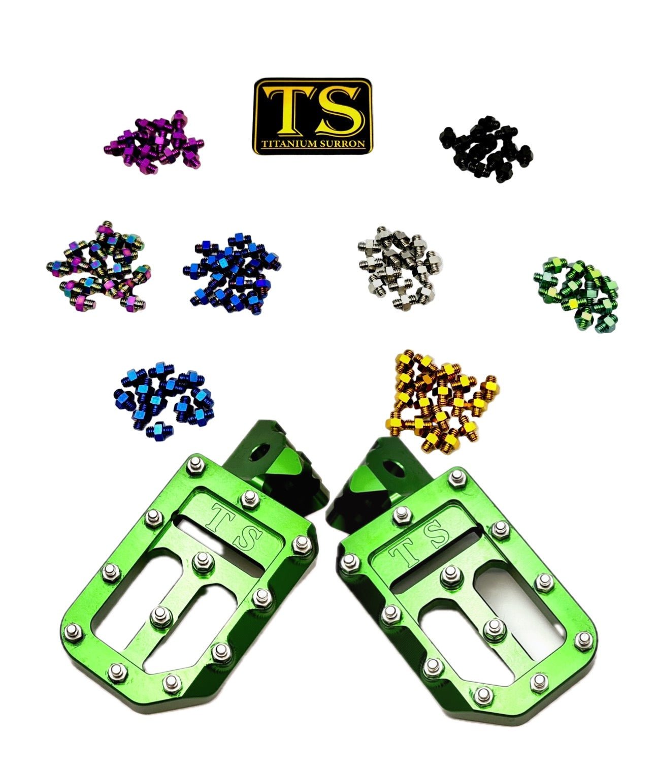 Titanium Surron custom foot pegs with titanium grips, designed for Surron and light e-moto bikes, featuring durable metal construction.