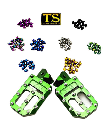 Titanium Surron custom foot pegs with titanium grips, designed for Surron and light e-moto bikes, featuring durable metal construction.