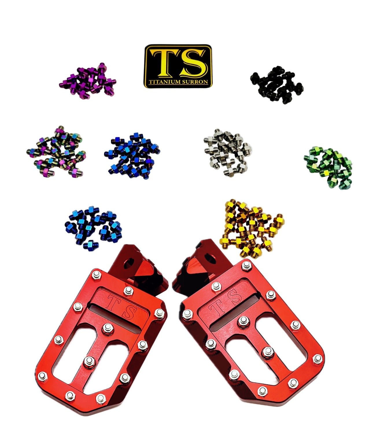 Titanium Surron custom foot pegs with titanium grips for Surron and light e-moto bikes, featuring durable metal construction.