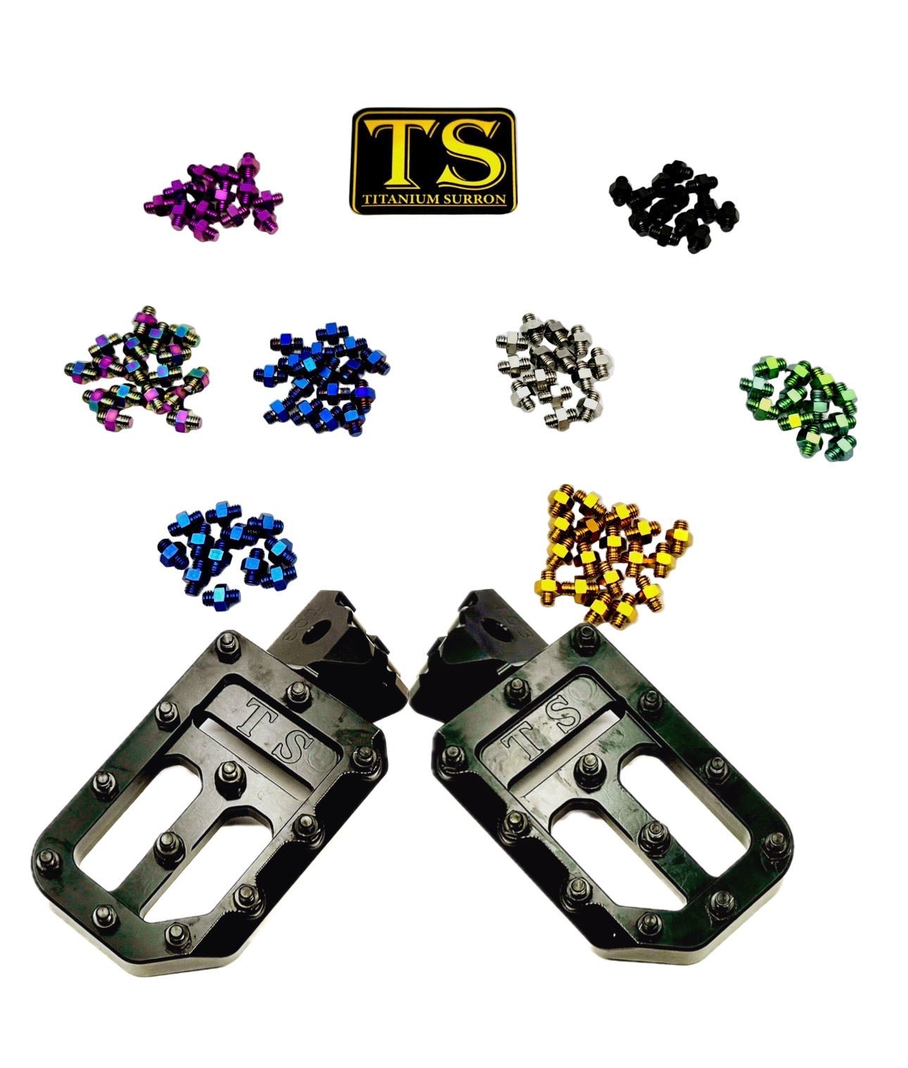 Titanium Surron custom foot pegs with titanium grips for Surron and light e-motos, featuring durable metal construction and textured surface.