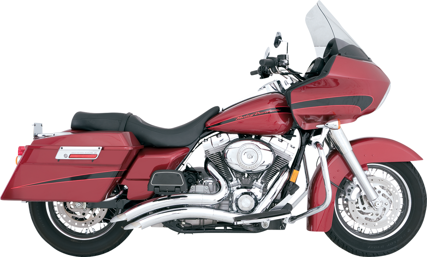 VANCE & HINES Big Radius Chrome Exhaust System for motorcycles, showing the shiny chrome finish and curved pipe design.