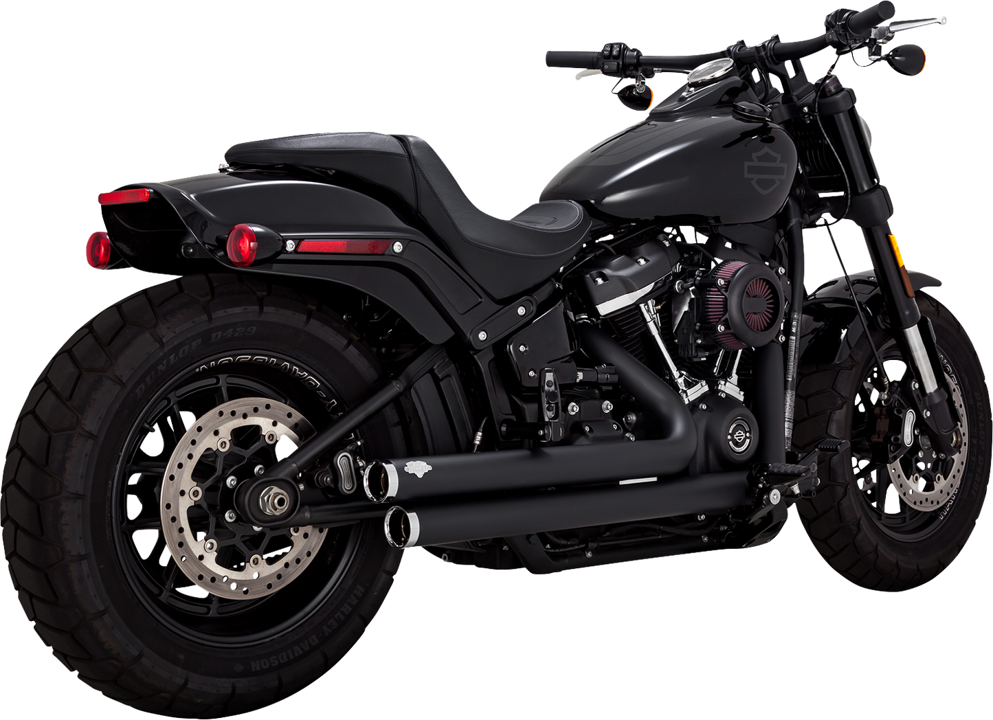 Vance & Hines Big Shots staggered motorcycle exhaust system with black finish, chrome accents, and mounting hardware visible.
