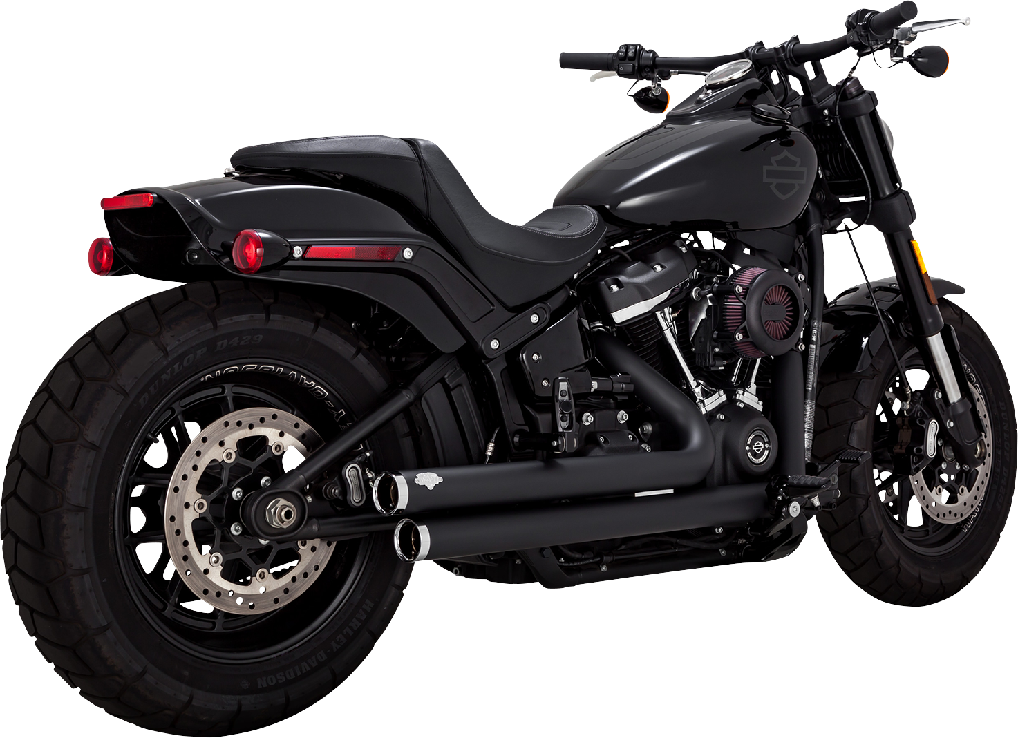 Vance & Hines Big Shots staggered motorcycle exhaust system with black finish, chrome accents, and mounting hardware visible.