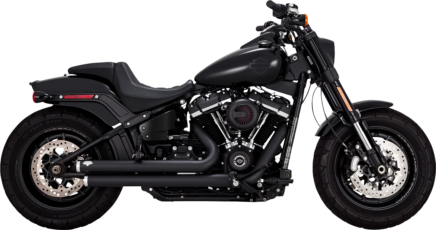 Vance & Hines Big Shots staggered exhaust system with black finish for motorcycles, showing the sleek, matte black pipes.