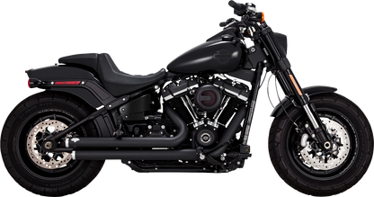 Vance & Hines Big Shots staggered exhaust system with black finish for motorcycles, showing the sleek, matte black pipes.