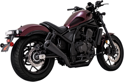 Vance & Hines black tapered cone exhaust muffler with fiberglass baffle for Honda Rebel motorcycle, front view.