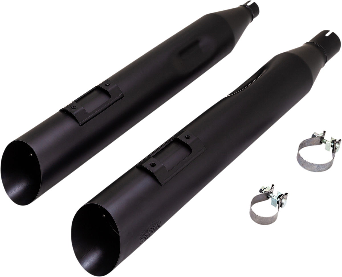 VANCE & HINES Blackslash 450 slip-on mufflers for Milwaukee-Eight Touring models, black metal finish, with branding details.