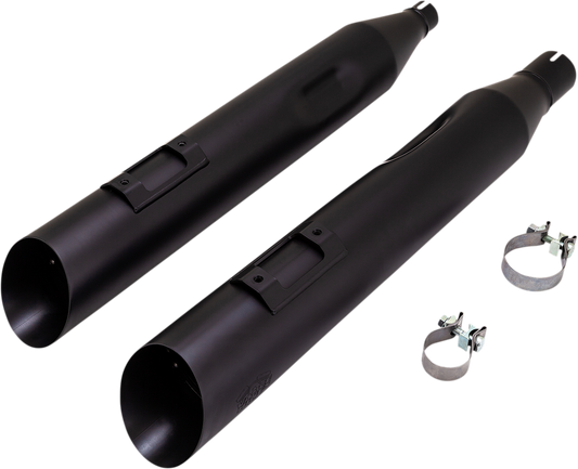 VANCE & HINES Blackslash 450 slip-on mufflers for Milwaukee-Eight Touring models, black metal finish, with branding details.