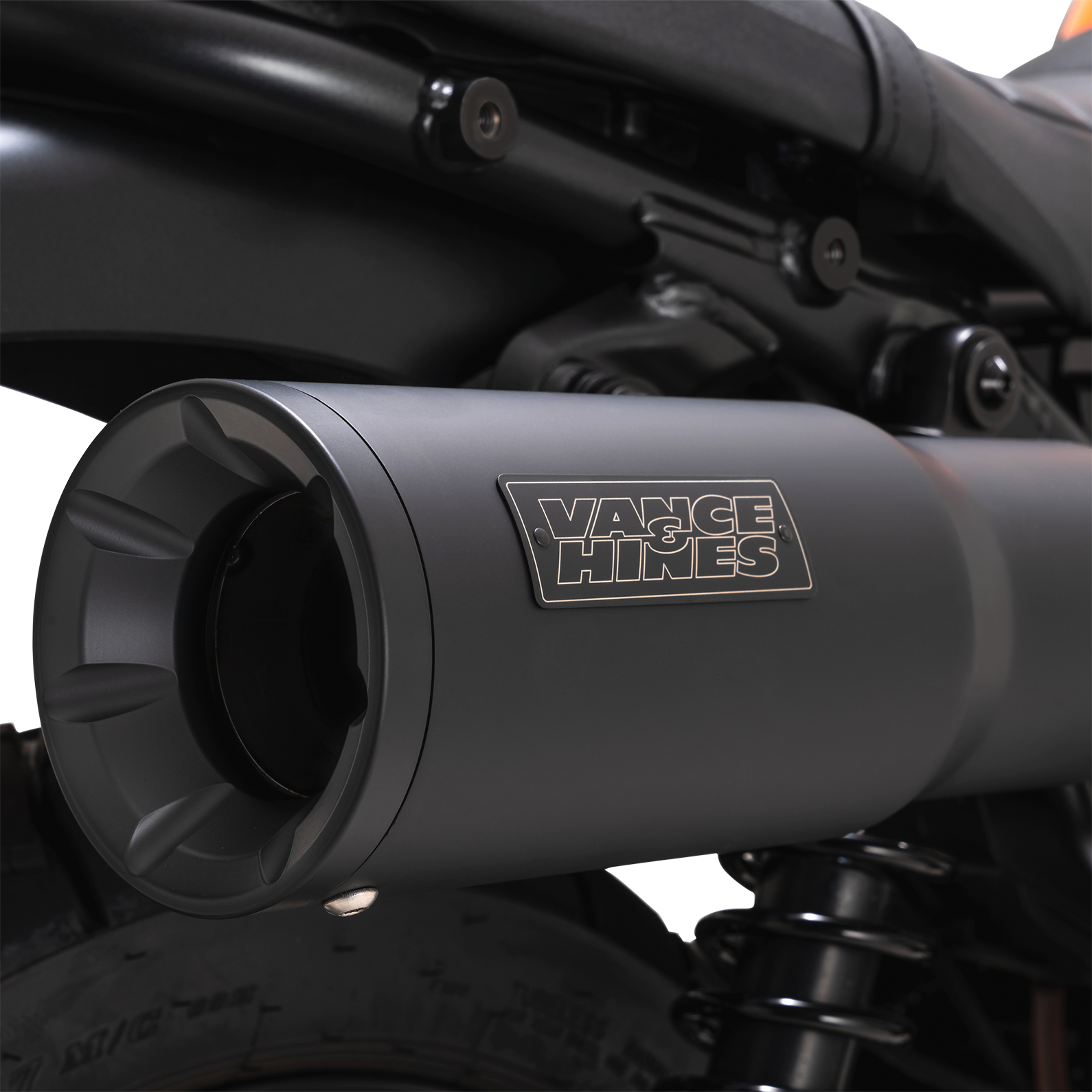 Vance & Hines Hi-Output Slip-On Muffler for motorcycles, showcasing polished chrome finish and sleek design.