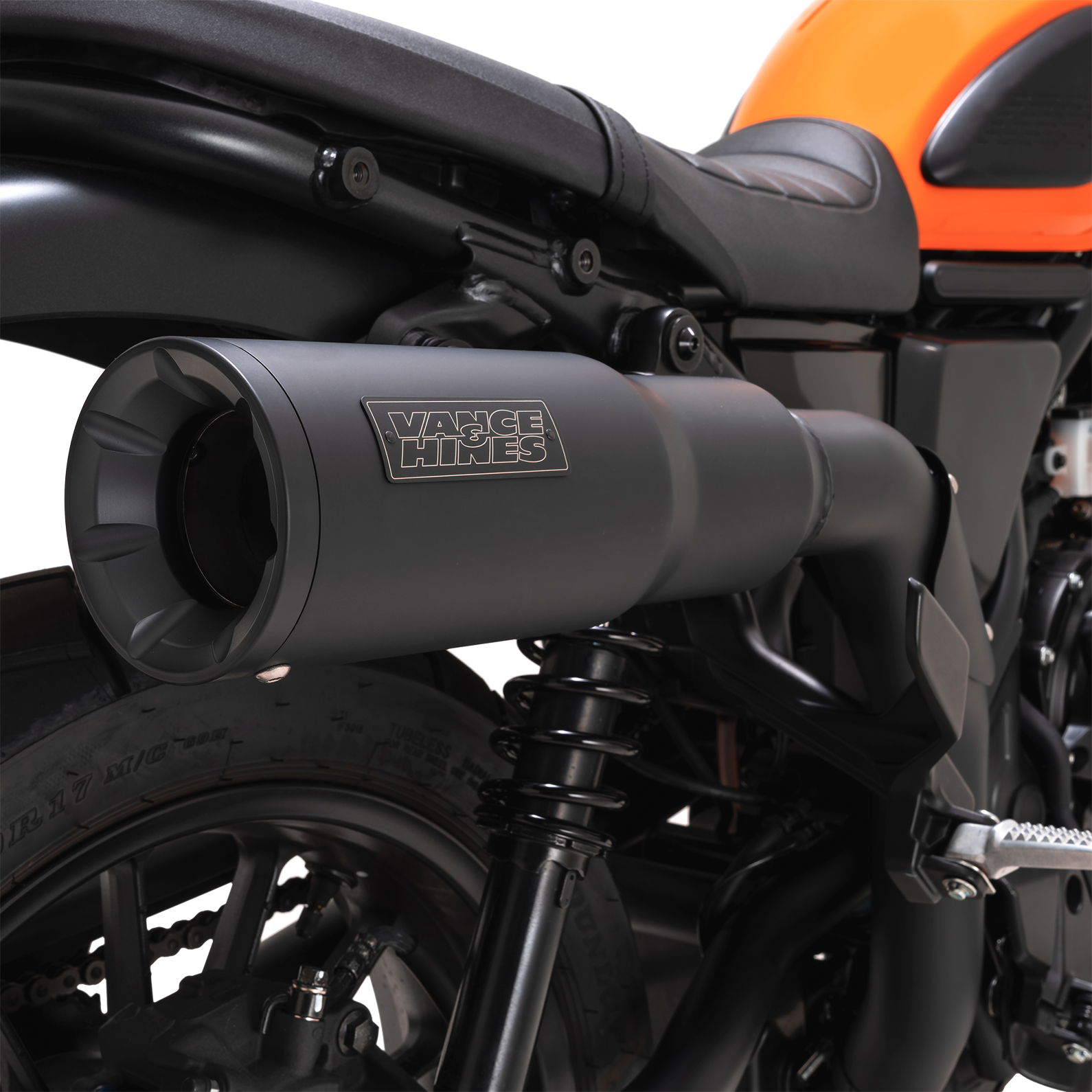 Vance & Hines Hi-Output Slip-On Muffler for motorcycles, showcasing the chrome finish and sleek exhaust design.