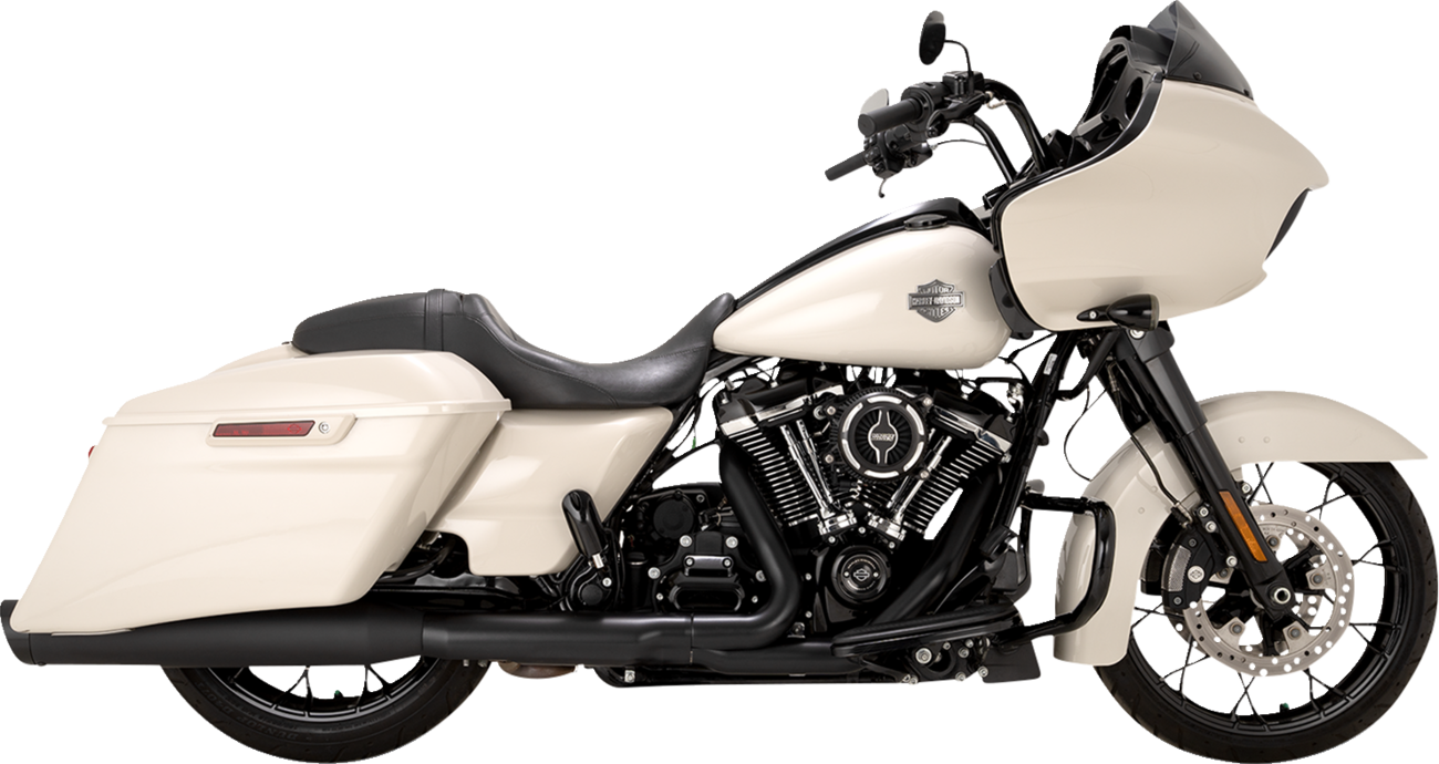 VANCE & HINES Razorback 450 slip-on mufflers for M8 Bagger motorcycle, black finish, part #47960, shiny and aerodynamic.