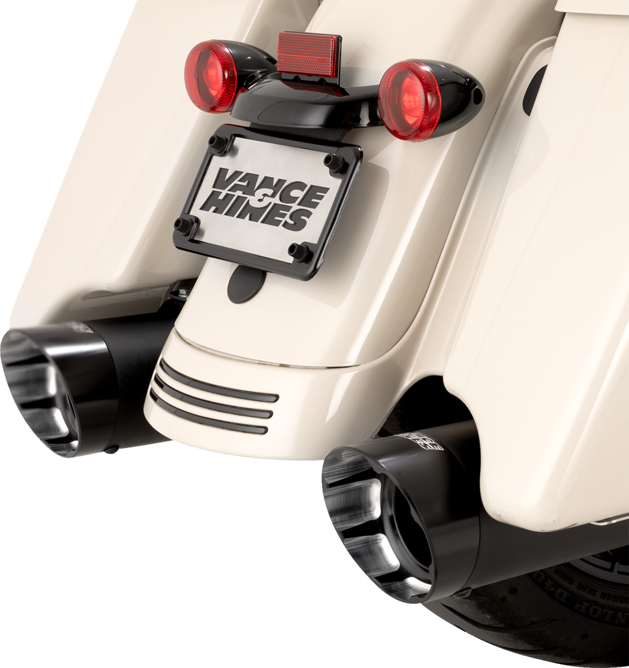 VANCE & HINES Razorback 450 Slip-On Mufflers for M8 Bagger in black, part #47960, shown installed on motorcycle exhaust system.