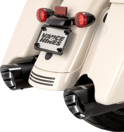 VANCE & HINES Razorback 450 Slip-On Mufflers for M8 Bagger in black, part #47960, shown installed on motorcycle exhaust system.