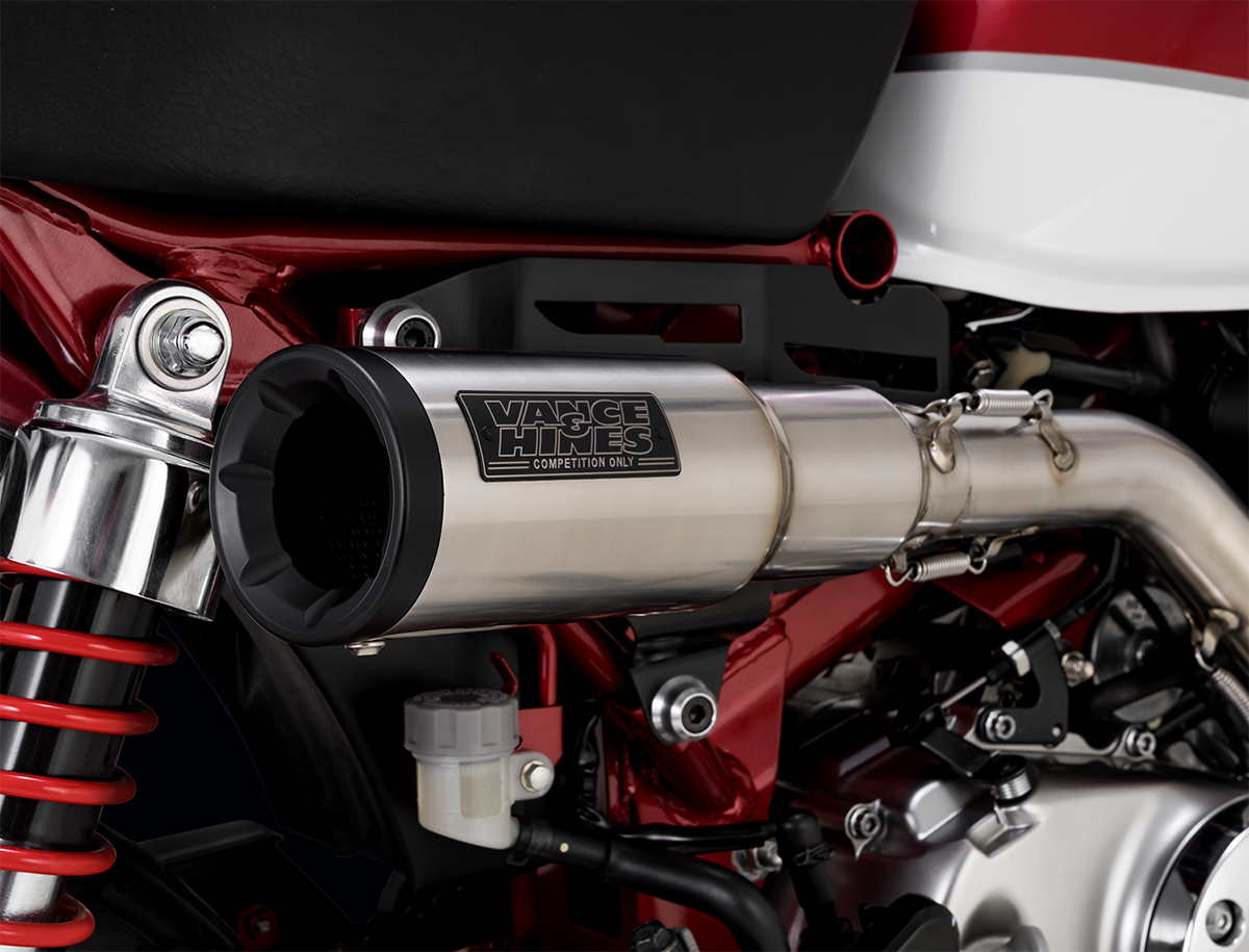 Stainless steel Vance & Hines muffler for Harley-Davidson Monkey motorcycle, showing the sleek chrome finish and mounting details.