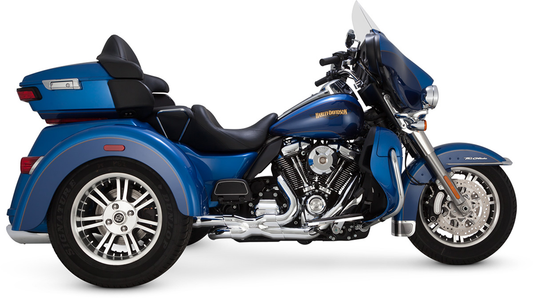 Chrome VANCE & HINES Trike Adapter Kit Part 16784 with mounting hardware, designed for improved ground clearance and sound on motorcycles.