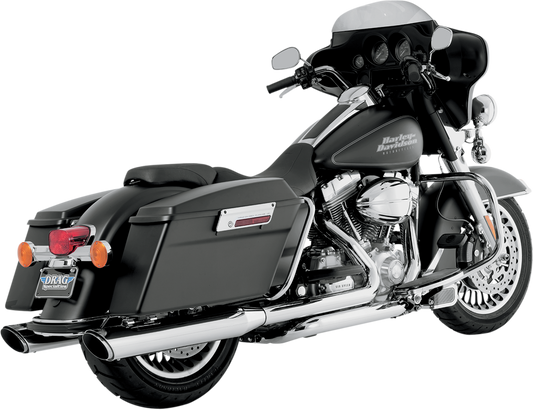 Vance & Hines Twin Slash Muffler in chrome for Harley-Davidson and custom motorcycles, featuring dual slash cut design.