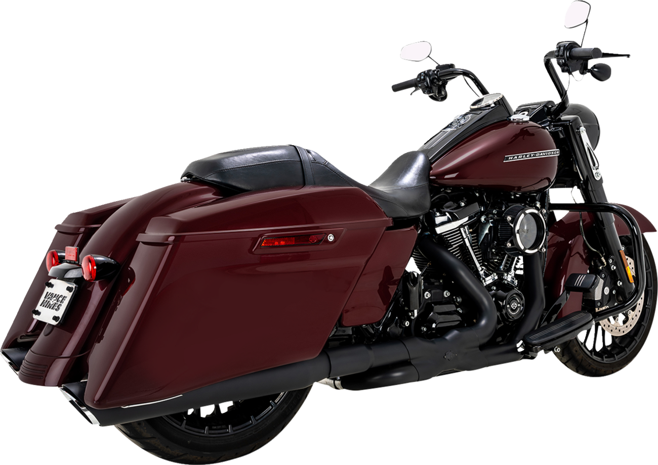 Vance & Hines Twin Slash Slip-On Muffler in black for motorcycle, showcasing the sleek exhaust design and branding.