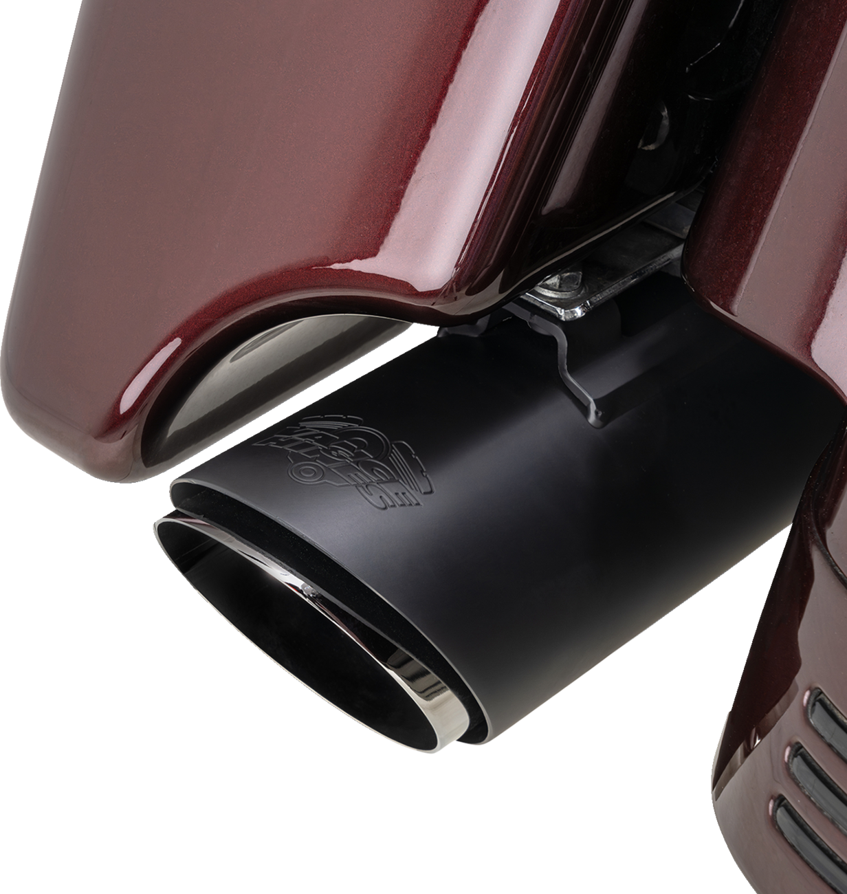 Vance & Hines Twin Slash Slip-On Muffler in black for motorcycle, showcasing sleek exhaust design