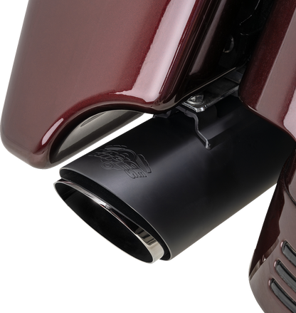 Vance & Hines Twin Slash Slip-On Muffler in black for motorcycle, showcasing sleek exhaust design