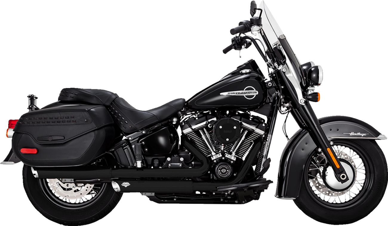 Pair of VANCE & HINES Twin Slash Slip-On Mufflers with PCX Technology in black for motorcycle exhaust upgrade.