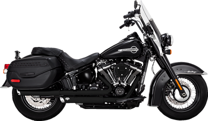 Pair of VANCE & HINES Twin Slash Slip-On Mufflers with PCX Technology in black for motorcycle exhaust upgrade.