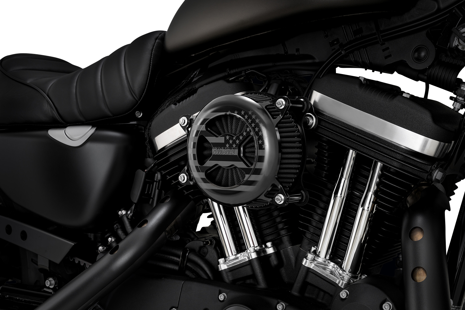 Vance & Hines VO2 America Black Air Intake Kit for Harley-Davidson XL motorcycle, showing the sleek black design and mounting details.