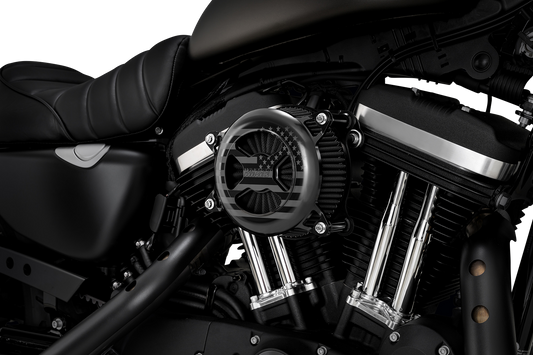 Vance & Hines VO2 America Black Air Intake Kit for Harley-Davidson XL motorcycle, showing the sleek black design and mounting details.