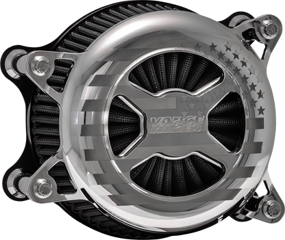 Vance & Hines VO2 America Chrome Air Intake Kit for M8 Harley-Davidson motorcycles, part #72045FG, with chrome finish and intake components.