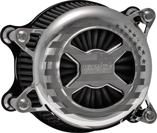 Vance & Hines VO2 America Chrome Air Intake Kit for M8 Harley-Davidson motorcycles, part #72045FG, with chrome finish and intake components.