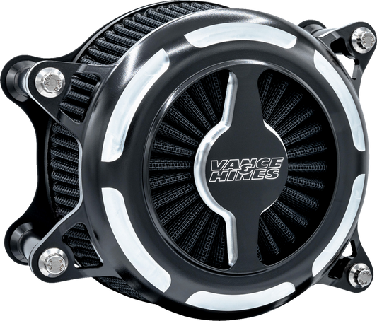 Vance & Hines VO2 Blade Air Intake in black for V-twin motorcycles, featuring a sleek contrast design and durable construction.
