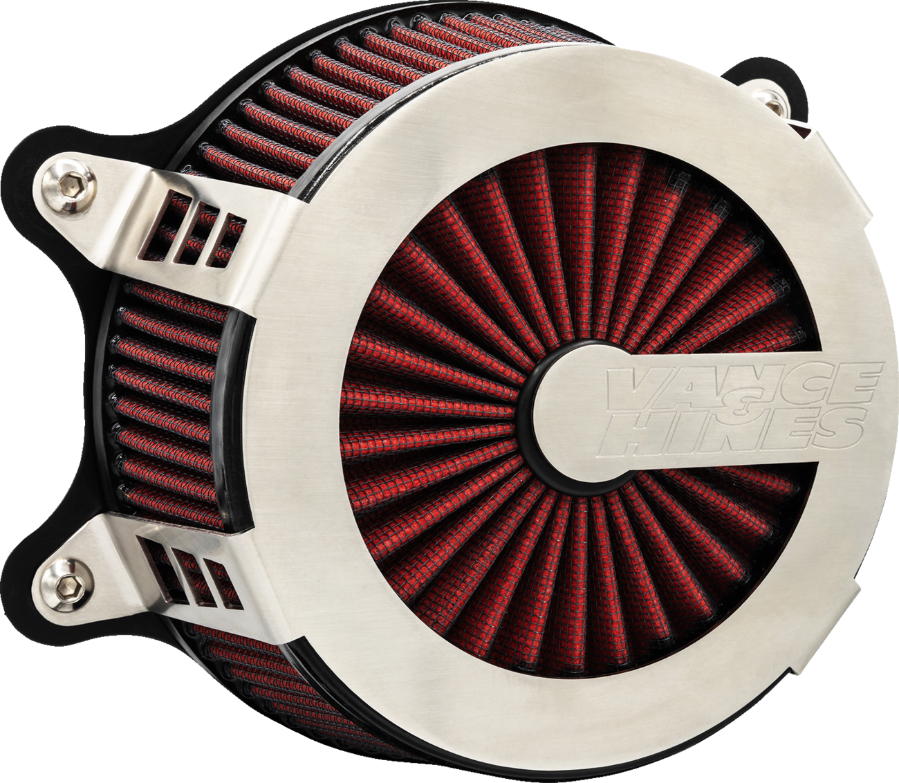 Vance & Hines VO2 Cage Fighter air intake kit in brushed finish, showing the sleek, aerodynamic design and mounting details.