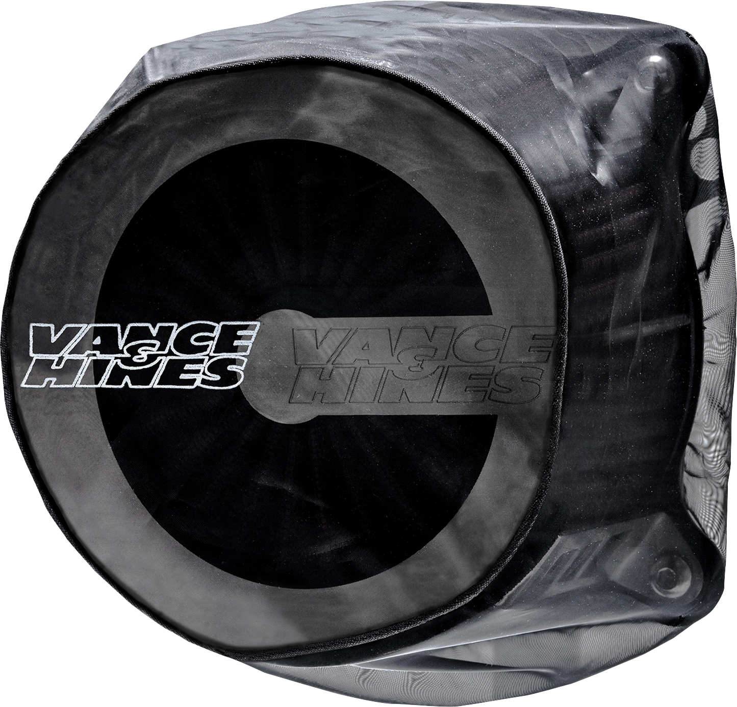 VANCE & HINES VO2 Rain Sock for Cage Fighter and Radiant III Air Intake, part 22932, shown on a motorcycle intake system
