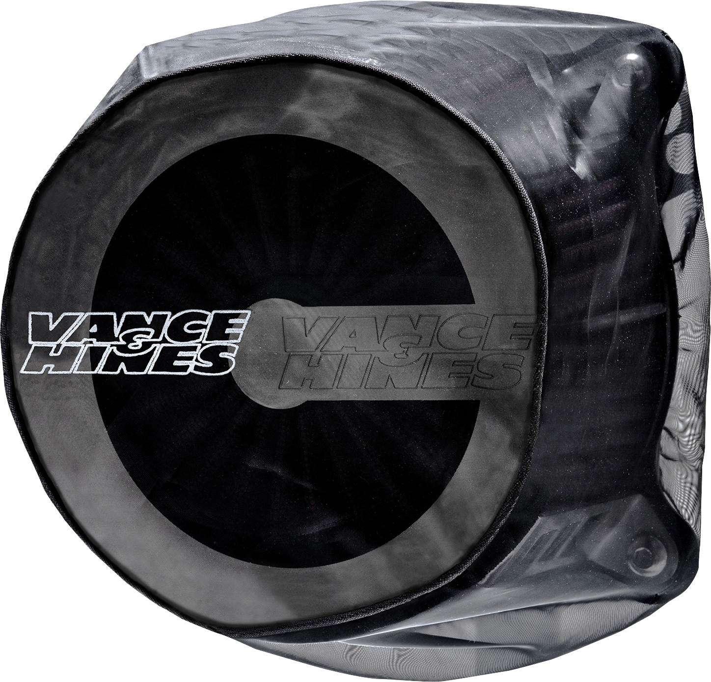 VANCE & HINES VO2 Rain Sock for Cage Fighter and Radiant III Air Intake, part 22932, shown on a motorcycle intake system