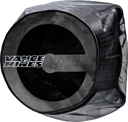 VANCE & HINES VO2 Rain Sock for Cage Fighter and Radiant III Air Intake, part 22932, shown on a motorcycle intake system